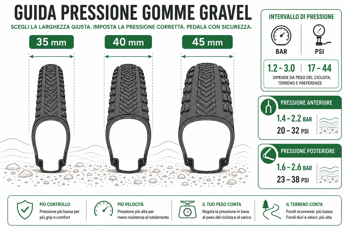 Illustrazione pressione gomme gravel 35 mm: range bar/psi anteriore e posteriore