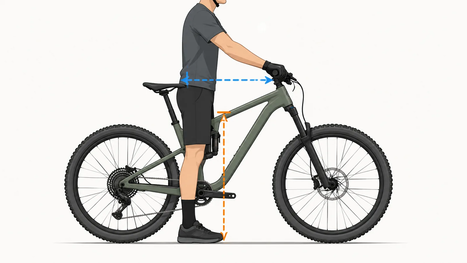 Rider sopra una mountain bike con indicatori di standover e reach